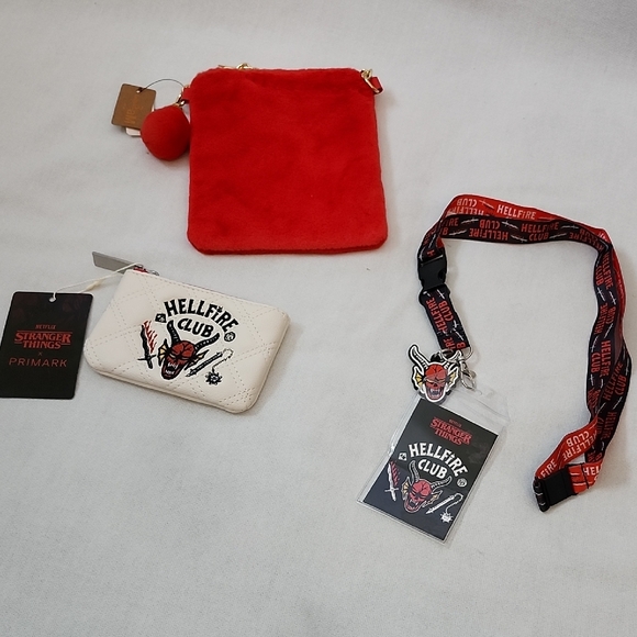 Primark Handbags - Stranger Things "Hellfire Club" Card Holder & Lanyard Set with Red Furry  Bag